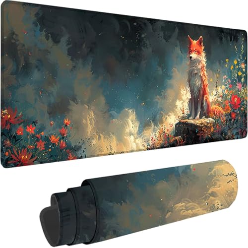 Grau Mauspad XXL 600 x 400 x 3 mm, Groß Gaming Mauspad Fuchs Muster, Schreibtischunterlage mit rutschfeste Gummibasis, Wetterfest und Langlebig Mousepad Gaming Zubehör für Büro Deko, Geschenk T-1