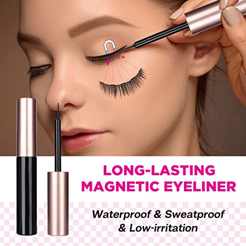 CALAILIS Magnetic False Eyelash and Magnetic Eyeliner Kit, Eye Makeup Waterproof Liquid Eye Liner, 3D Faux Mink Eye Lashes Natural Reusable Lashes 3 Pairs, Free Applicator(CY102) - Image 4