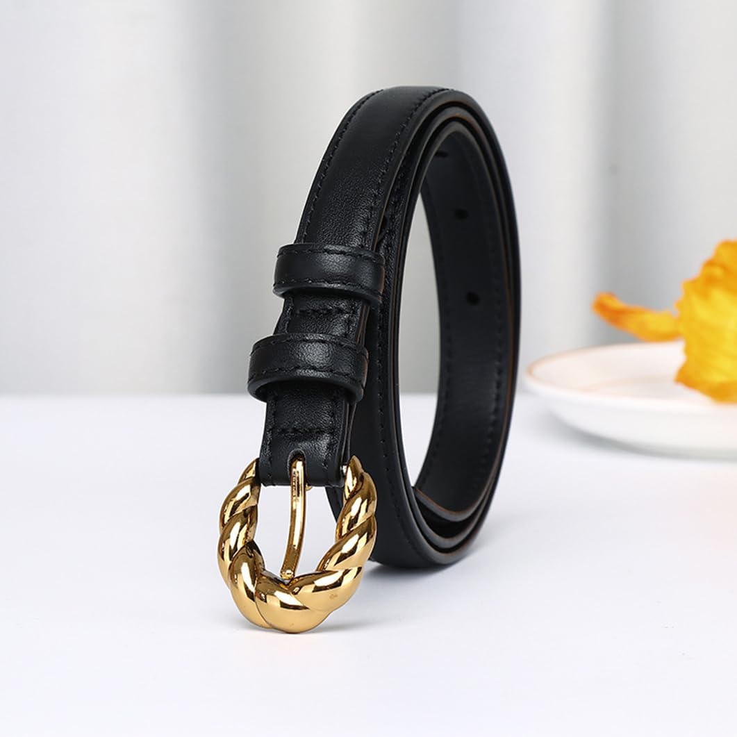 Genérico Mujer Cinturón Ajustado Costuras Cinturones Hebilla De Púas Trenzado Dorado 1,8cm De Ancho Correa De Piel De Vacuno Fina(95cm/37, Black)