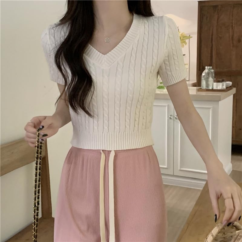 Image of ICW Women's Acrylic Knitted Ribbed Half Sleeve V-Neck Self Design Crop Top T-Shirt 128