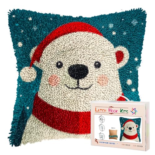 Merry Christmas Polar Bear Latch Hook Pillow Kits for Adults DIY Pillow Cover Printed Pillowcase Crochet Yarns Hooking Handmade Cushion for Home Sofa Decor 17x17inch(15)