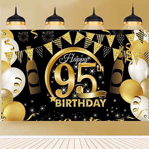 95 Ans Deco Anniversaire 95 Ans Joyeux Anniversaire Bannière Or Noir Affiche Anniversaire 95 Ans Ballons pour décoration de fête d'anniversaire Convient pour une fête murale extérieure à la maison