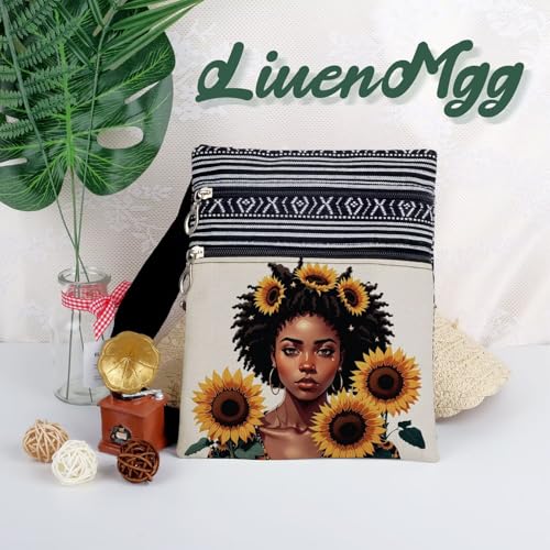 African American Messenger Bag Small Ethnic Pattern Printed Adjustable Strap Crossbody Zipper Pouch Sunflower Black Woman Phone Organizer Wallet Cute Shoulder Handbag for Black Women 5