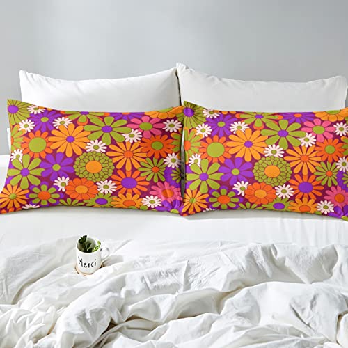 Colorful Vintage Floral Fitted Sheet Full,Girls Groovy Flowers Fitted Bed Sheets Women Hippie 60S 70S Flowers Power Bedding Set Psychedelic Botanical Bed Sheets 2 Pillow Cases Aesthetic Bedroom Decor #TOP3