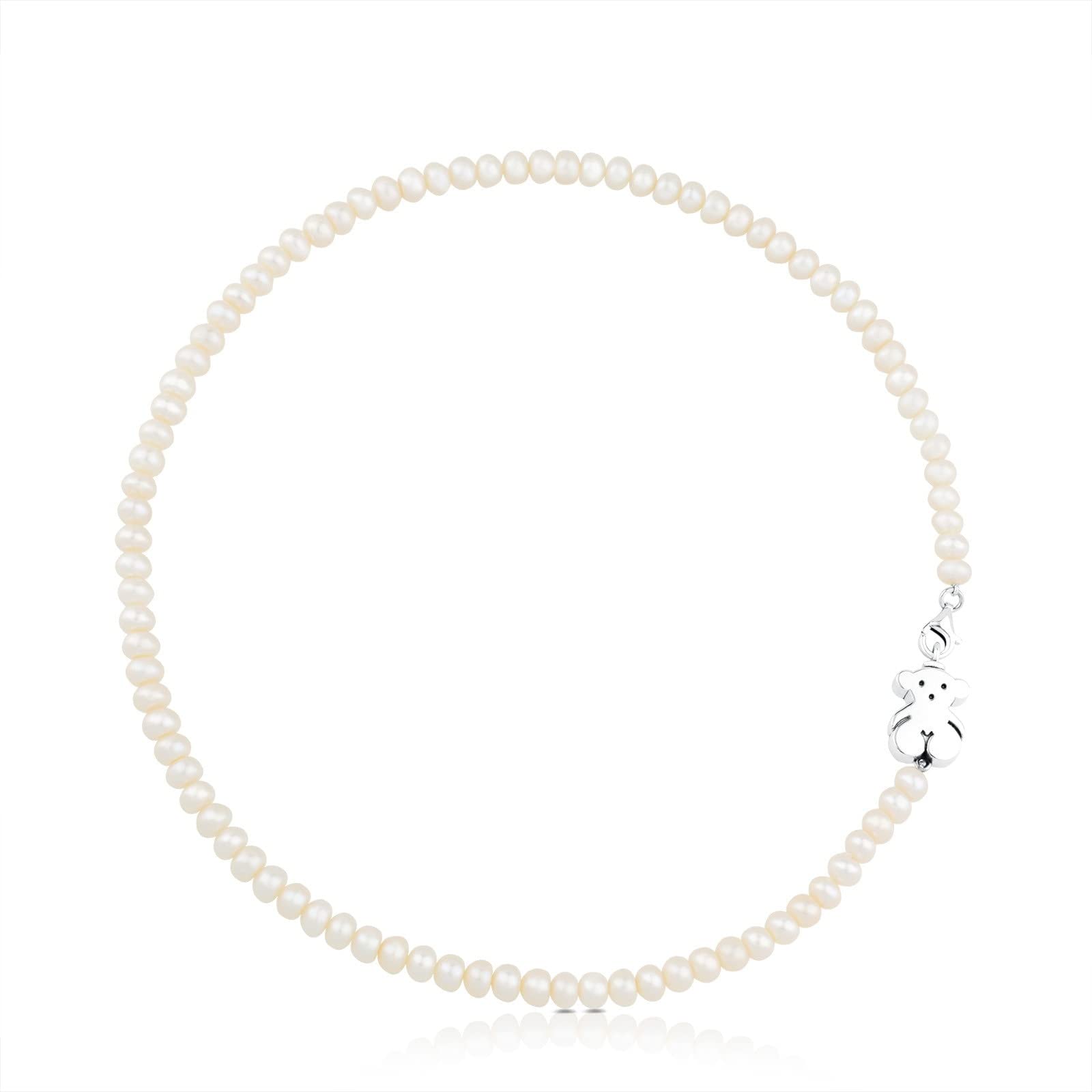 TOUS Collar de Plata de Primera Ley para Mujer con Perlas cultivadas y Motivo del Oso, 44,5 cm de Largo, Atemporal y Versátil, Colección Sweet Dolls