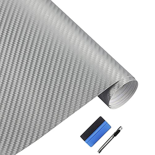LZLRUN 3D Carbon Fiber Vinyl Wrap - Outdoor Rated for Automotive Use - 12' x 60' Knife + Hand Tool (Silver)
