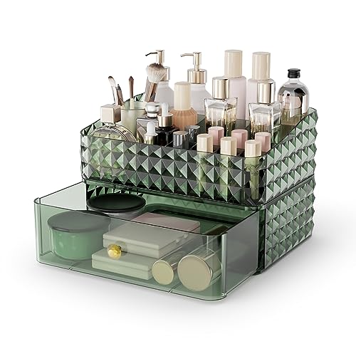Rosoenvi Makeup Organizer for Vanity, Stackable Cosmetics Organizer and Storage (Green, 1 Drawer+1 Tray)