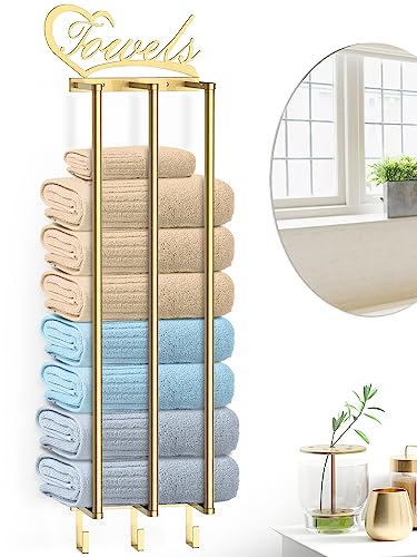 Towel Racks for Bathroom Wall Mounted, New Upgraded 3 in 1 Wall Towel Rack for Rolled Towels, Bathroom Towel Storage with 3 Hooks, Metal Bath Towel Holder for Folded Large Towel Washcloths (Golden)