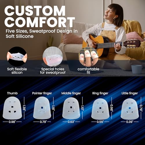 Jyker USA Guitar Finger Protector - Finger tips Guard 5 Sizes Thimble Finger Pads Grips Comfort Soft Silicone Ultimate Protection for Guitarists, Sorting Task Embroidery, Paperwork Carving, Sewing - Thumbnail 2