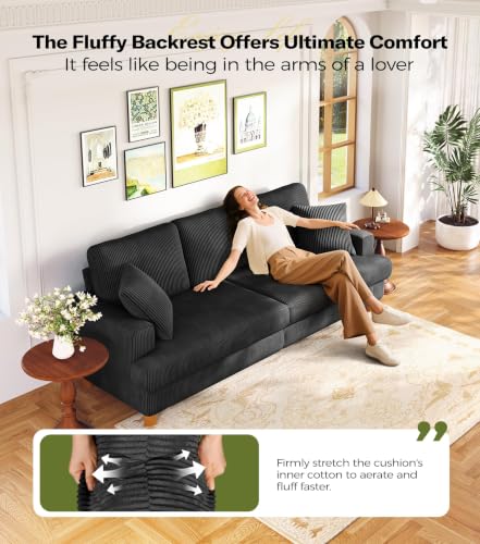 Image of Kidirect 87in Corduroy Couch, 3 Seater Sofa, Sofas & Couches, Black Couch