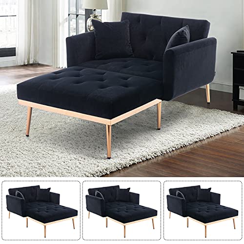 Nosga Modern Tufted Velvet Sofa Chaise Lounge Indoor, Adjustable Backrest Lounge Sofa With Thick Padded, Convertible Reclining Chair With Rose Golden Metal Legs For Living Room Home Office (Black) #TOP4