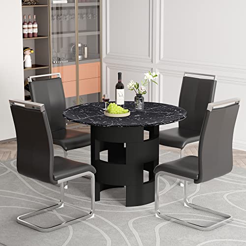 Modern Round Dining Table Set For 4, 42.12 Inches Mdf Kitchen Table For Dining Room, Printed Black Marble-Like Tabletop With Wooden Hollow Cylindrical Base For Office Living Dining Room, Black #TOP2