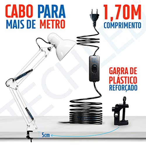 Luminaria Pixar Articulada Branca Mesa Escritorio Leitura Base Articulavel Garra