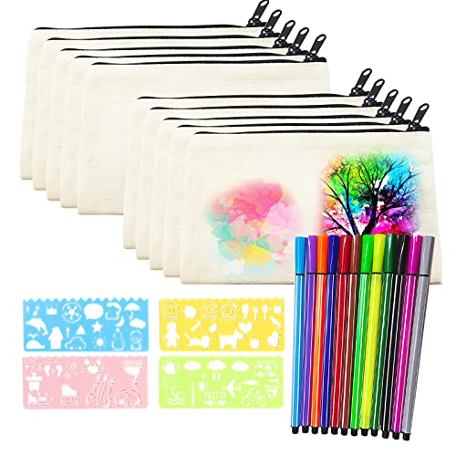 Taekooki Lot de 10 Trousses à Crayons en Toile à Peindre, Peut être utilisé pour Graffiti, avec 12 Crayons de Couleur et 4 Modèles de Dessin, pour la...