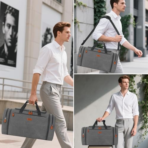Image of Canvas Mens Duffle Bag for Travel - Expandable 50L Weekender Bags with Toiletry Bag, Overnight Bag Travel Duffel Carry On Luggage with Removable Shoulder Strap, Durable & Water-Resistant