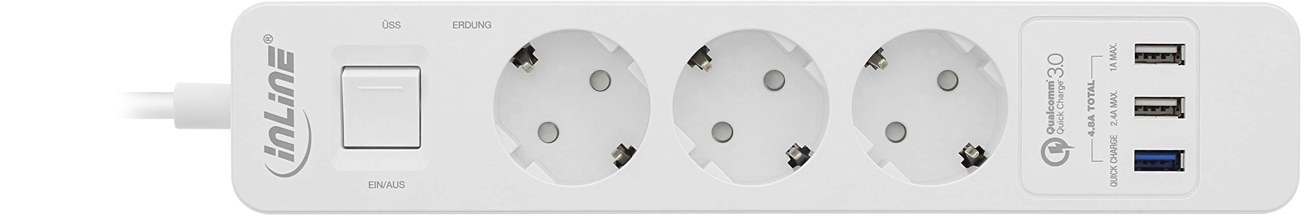 Inline 16491 - Ciabatta Elettrica A 3 Vie, Protezione Da Sovratensioni E Usb Quickcharge Con Interruttore, 1,5 M, Colore: Bianco - 4