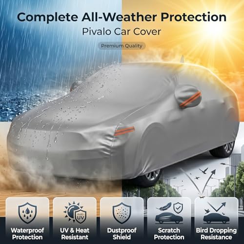 Image of Pivalo Car Cover for Maruti Suzuki Swift All Model & Years with Mirror Pocket 100% Waterproof Triple Stitched Bottom Elastic Dust, Heat & UV Resistant Full Body Protection (Grey with Highlighter)