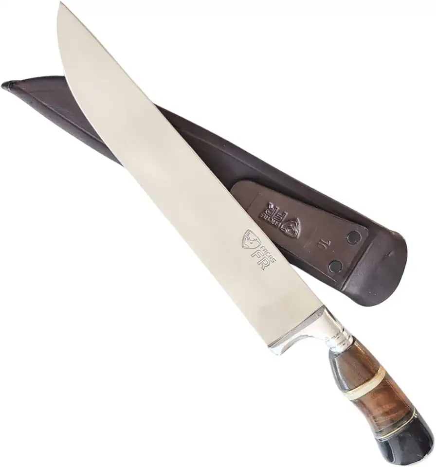 Faca Artesanal FR 10, Lâmina Aço Inox 38cm, Cabo Artesanal em Osso e Madeira, com Bainha em Couro
