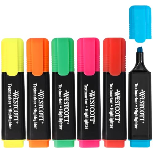 Westcott Rotuladores fluorescentes, 6 unidades, surtido | Rotuladores fluorescentes en colores vivos | Grosor del trazo: 2-5 mm | Tinta premium de Alemania | E-744251 00