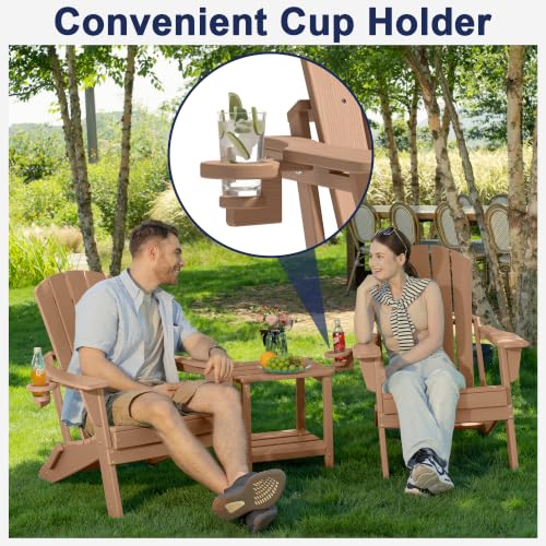 Image of Plawdlik Folding Adirondack Chair with Cup Holder, Teak | SGS Tested, Wooden Textured & Heavy All-Weather HDPE Comfortable Set Poolside Backyard Lawn