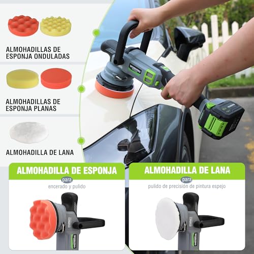 WORKPRO 20V Pulidora Coche Sin Escobillas, Pilidora Orbital Inalámbrica de Acción Doble, 7 Velocidades (2000-5000RPM), Mango D Desmontable, con Bolsa, para Pulido de Coche, Suelo, Baldosa, Mueble - imagen 7