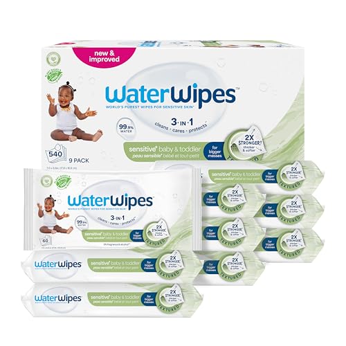 Image of WaterWipes Sensitive+ Baby & Toddler Wipes, 3-In-1 Cleans, Cares, Protects, 99.9% Water, Textured Clean, Unscented & Hypoallergenic, 540 Count (Pack of 9)