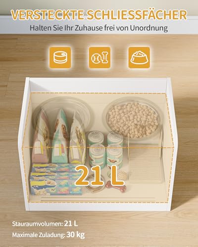 Hzuaneri Erhöhter Hundenapf mit Schiebetür-Aufbewahrung, 2 x 2 L Edelstahlnäpfe, 46 cm Hoch, Futterstation für Mittelgroße Bis Große Hunde, Mattweiß PB88003W