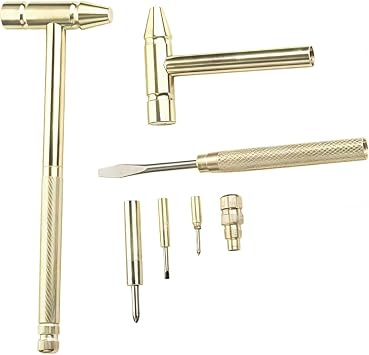 1Set Gold Mini Brass Hammer with Screwdriver Hand Tools Multifunction 6 in 1 Jewelers Copper Hammer for Repair Mobile Phones,Laptops,Watches,Glasses