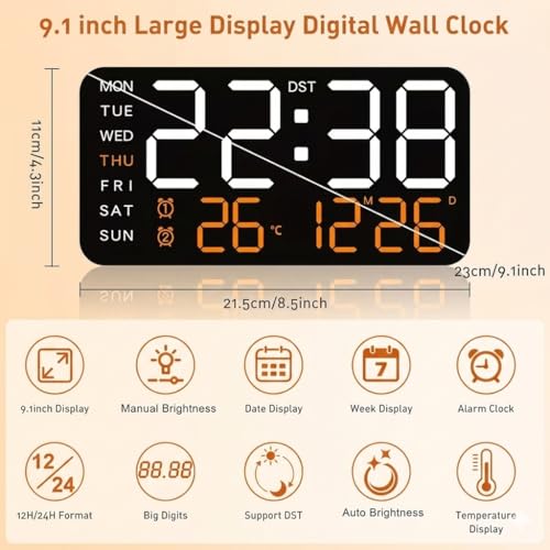 Image of 9 inch Digital Wall Clock LED Alarm Clock with Day, Date, Temperature & Dual Alarm | 5-Level Adjustable Brightness, Large Display for Bedroom, Office, Living Room, Classroom, Modern Home Decor