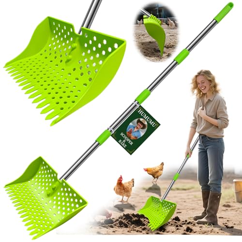 HUMUMU 12 2-in-1 Chicken Poop Scooper & Rake (US Patent No. D1124534) 3-Shape Sifting Holes Chicken Coop Rake Stainless Steel Handle (2061) - Litter Scoop Sand & Sifting Shovel (Green)