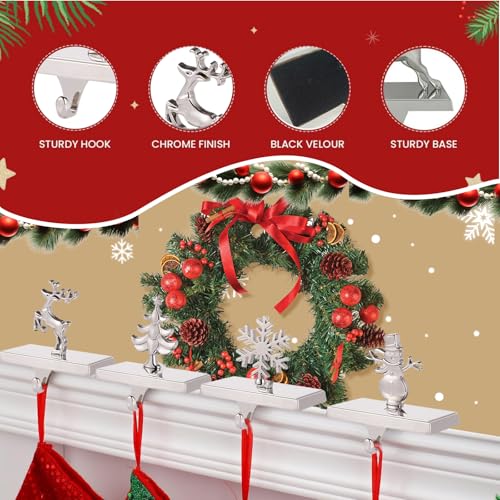 BEAUTI4U Christmas Stockings Holder Set of 4 - Christmas Stocking Hanger for Mantel, Multi-uses Stocking Hooks for Fireplace Christmas Xmas Party Decoration (Silver)