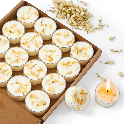 Crenovo Jasmine Scented Tealight Candles with Dried Flowers 16 Pack