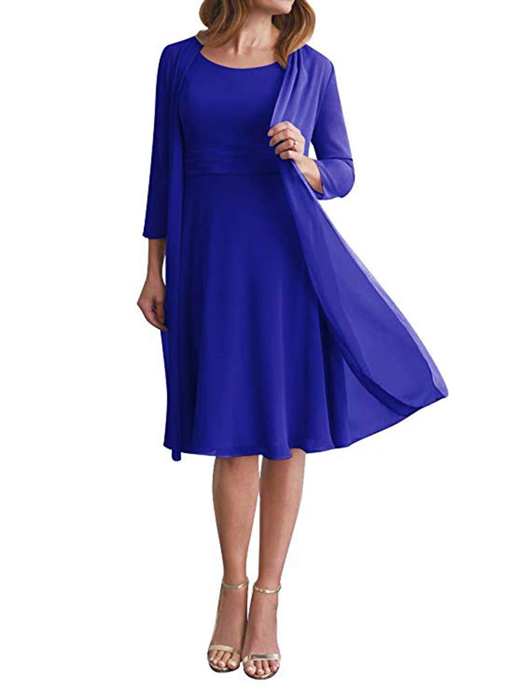 Leader of the Beauty 2 Pcs Knee Length Mother of The Bride Dress Chiffon Formal Gown with Jacket Plus Size 12 Royal Blue