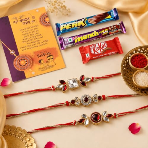 Image of CraftVatika Kundan Rakhi Set of 3 for Brother with Chocolate Gift Combo for Rakshabandhan with Greeting Card