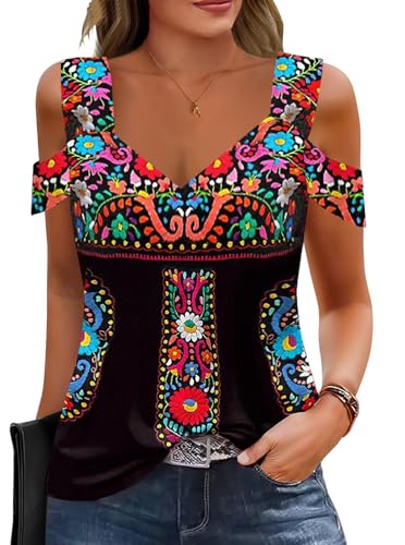 Soesdemo Womens Summer Short Sleeve Tops Cold Shoulder V Neck T Shirts Casual Comfy Basic Top Boho Black M