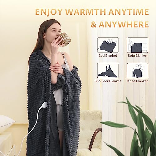 Heated Blanket Throw - 50\" x 60\" Electric Blanket with 4 Fast Heating Levels & 3 Hours Auto Off, Cozy Soft Flannel Heating Blankets for Home Office, UL&FCC Certification, Dark Grey