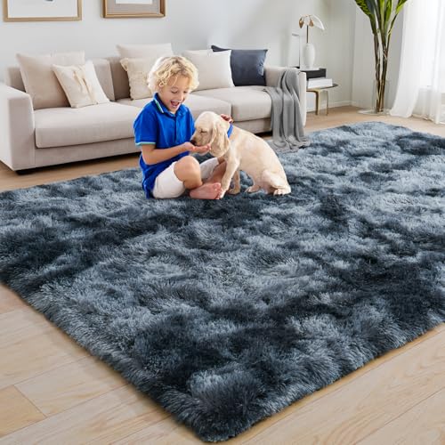 KING DARE 4x6 Rugs for Bedroom, Shaggy Plush Fuzzy Non-Slip Soft Fluffy Carpet Washable for Living Room Dorm Playroom Kids Room, Modern Home Decor Aesthetic, Blue and Grey
