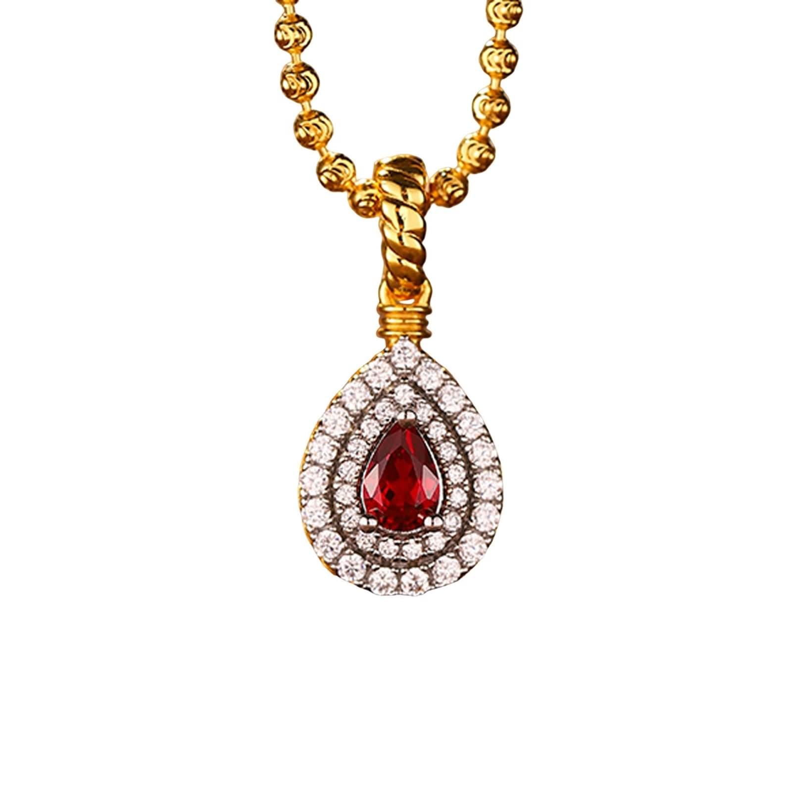 Naszyjnik długi, łańcuszek damski w kształcie kropli, 0,6 ct, rubin i moissanit 9K żółte złoto 45 cm