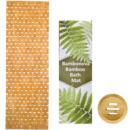Bambonova Bamboo Bath Mat 48 x 16 Inches and Wooden Soap Dish Set Bathroom Rugs Bathtub Mat Non Slip Bath Mats for Bathroom, Kitchen Sauna Spa Hot Tub Outdoor Decor