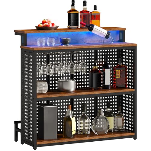 DWVO LED Mini Home Bar Unit with Music Sensing Light, Liquor Wine Cabinet with Storage, Bar Table Top Alcohol Storage Shelf Glasses Rack Footrest for Kitchen Pub Living Room, Rustic Brown