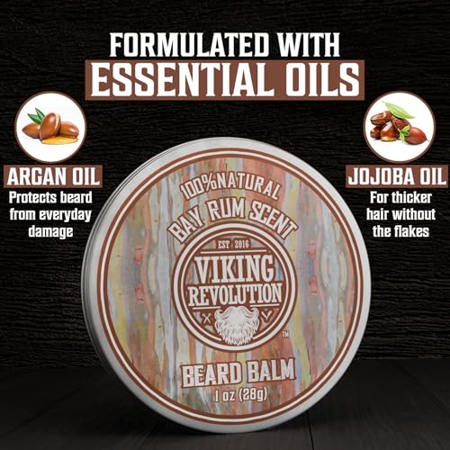 Viking Revolution 4 Beard Balm Variety Pack (1oz Each) - Sandalwood, Pine & Cedar, Bay Rum, Clary Sage - Styles, Strengthens and Softens Beards and Mustaches - Wax for Men