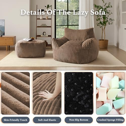 Gericco Oversized Bean Bag Chaise Lounge Chair Indoor for Adults with Armrests & Ottoman - Giant Comfy Khaki Beanbag Floor Sofa Cloud Accent Chair for Reading, Gaming, Cozy Plush Cloud Mini Couch - Image 2