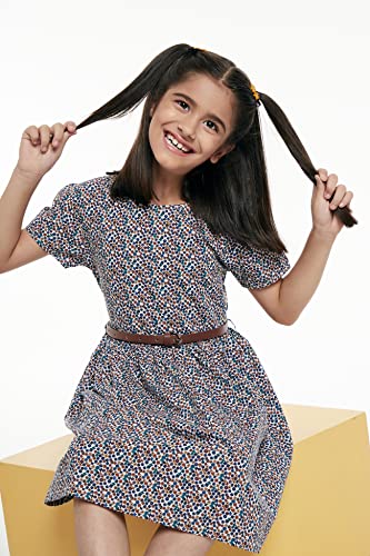 Image of Amazon Brand - Jam & Honey Girl's 100% Soft & Pure Cotton Comfortable and Stylish Printed Woven Dress with Short Sleeves and Belt - Perfect for Every Occasion
