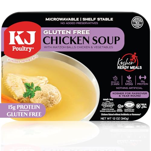 KJ Poultry Kosher for Passover Gluten Free Meals, Chicken Soup with Non Gebrokts Matzo Balls, Halal, (1 Pack) Prepared Entree Fully Cooked, Shelf Stable Microwave Dinner, Travel Military Camping