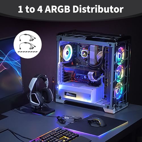 2 Piezas Cable ARGB Divisor 1 a 4, Extensión RGB Direccionable 5V 3 Pines, Splitter para Ventiladores Tiras LED, Cable Sincronización Iluminación RGB Compatible con Placas Base Controladores PC Gaming - imagen 6