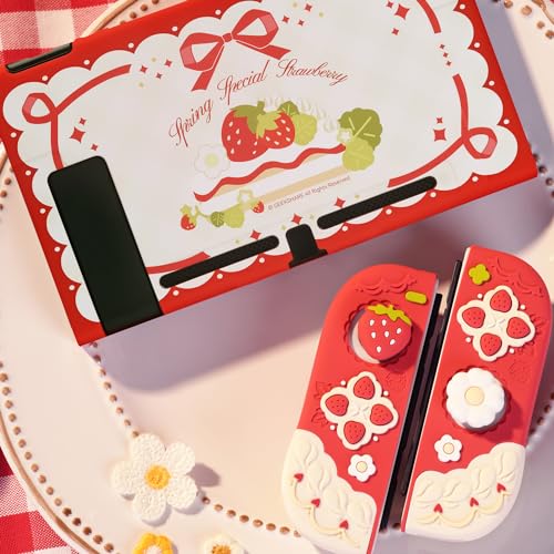 Geekshare Protective Case For Switch Slim Cover Case Compatible With Nintendo Switch Separable Soft Silicone Protective Shell For Joy Con With 2 Thumb Grip Caps- Strawberries With Cream thumb #5