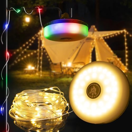DGE Camping String Lights, 8 Lighting Modes 2-in-1 Outdoor String Lights with RGB and Warm White Light (32.8ft), Quick Storage, Waterproof, Type-C Charging for Camping, Holiday