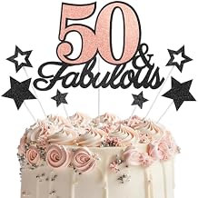 50 & Fabulous Cake Topper, 50th Birthday Cake Toppers, 50 and Fabulous Birthday Cake Decorations for 50th Birthday Party Decor for Men Women, Black Rose Gold