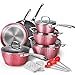 LovoIn Juego de utensilios de cocina antiadherentes de 14 piezas, juego de ollas y sartenes de inducción, juego de utensilios de cocina de mármol martillado, color rosa
