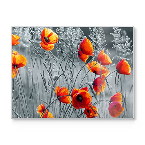 DEQORI Planche à découper en verre Grande taille 40 x 30 cm Motif coquelicots rouges Planche antibactérienne et antidérapante pour cuisine
